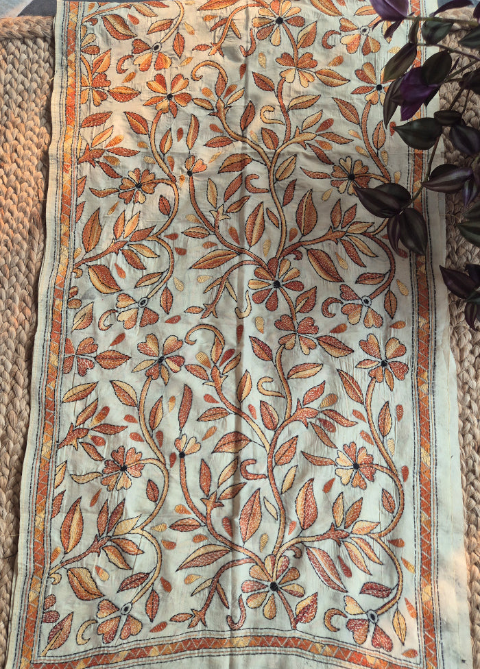 Cream And Brown Kantha Stole