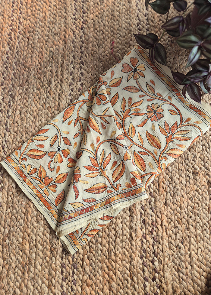 Cream And Brown Kantha Stole