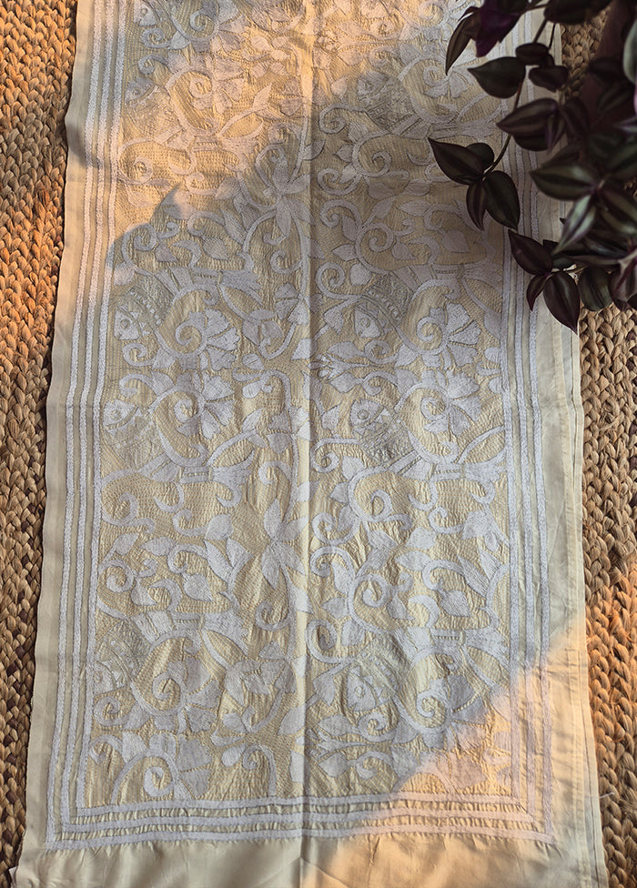 Cream And White Thread Kantha Stole
