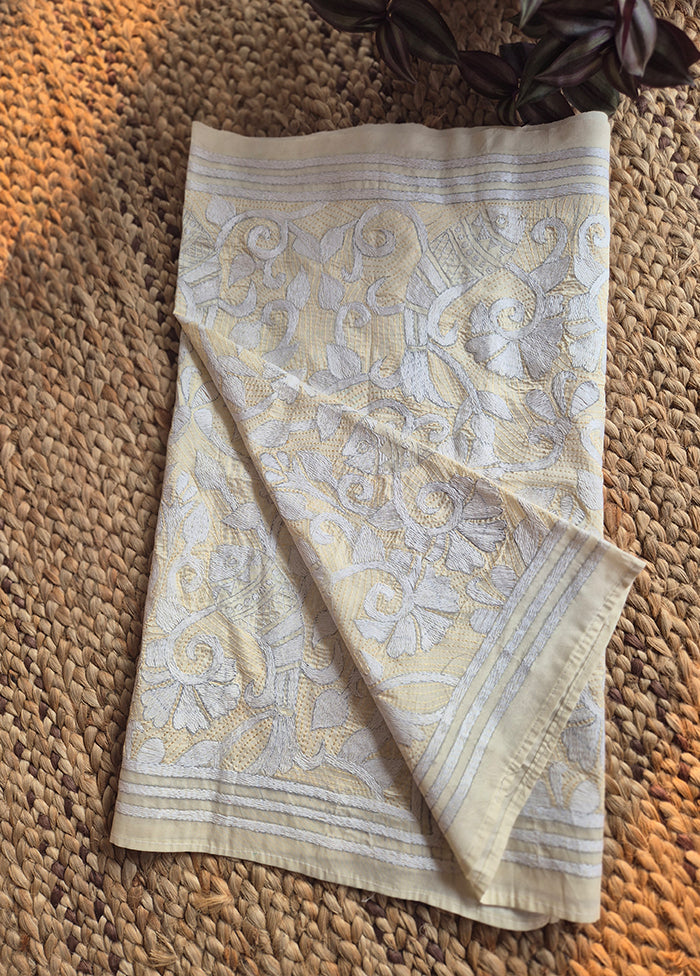 Cream And White Thread Kantha Stole