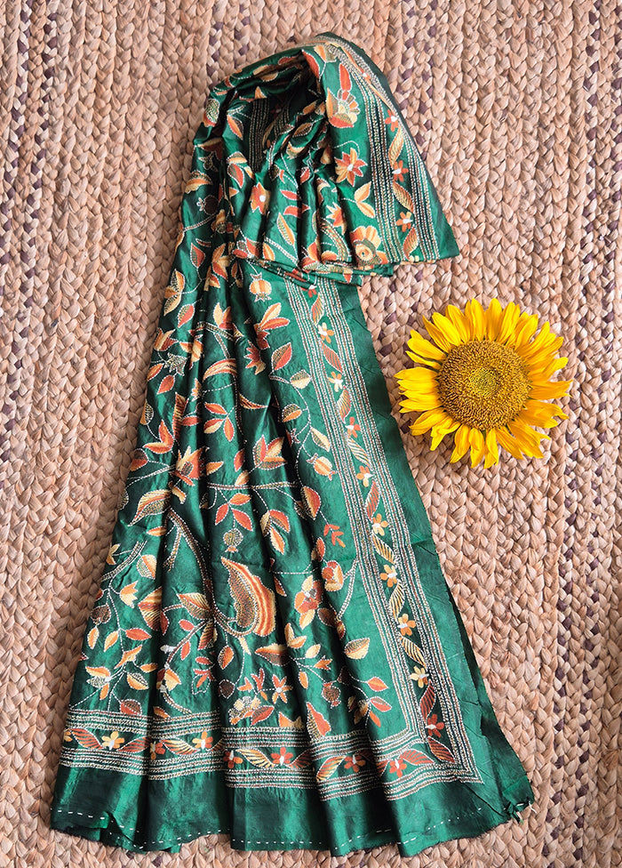 Bottle Green With Floral Work