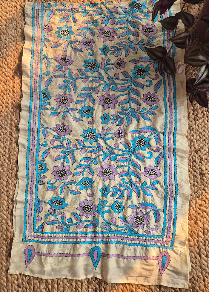 Cream And Blue Kantha Silk Stole