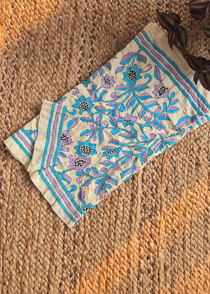 Cream And Blue Kantha Silk Stole