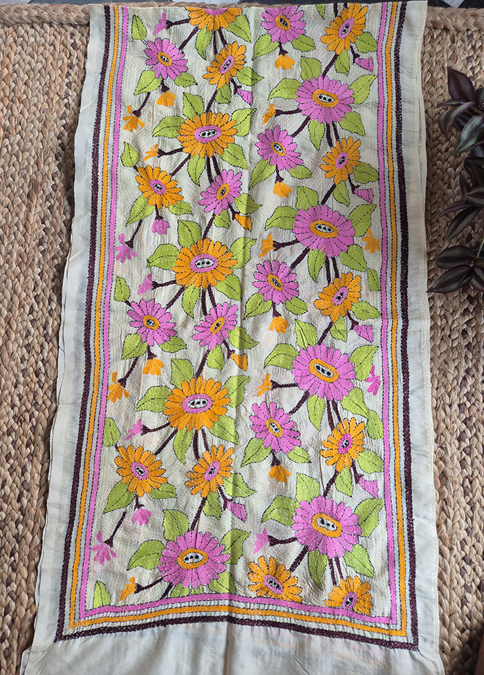 Cream Floral Kantha Stole