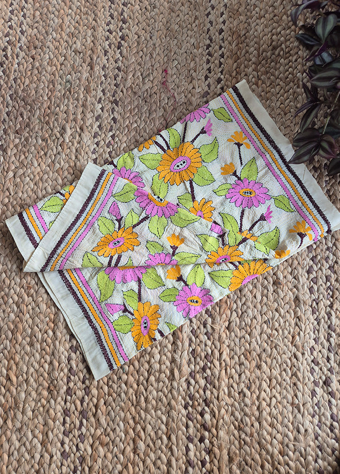 Cream Floral Kantha Stole