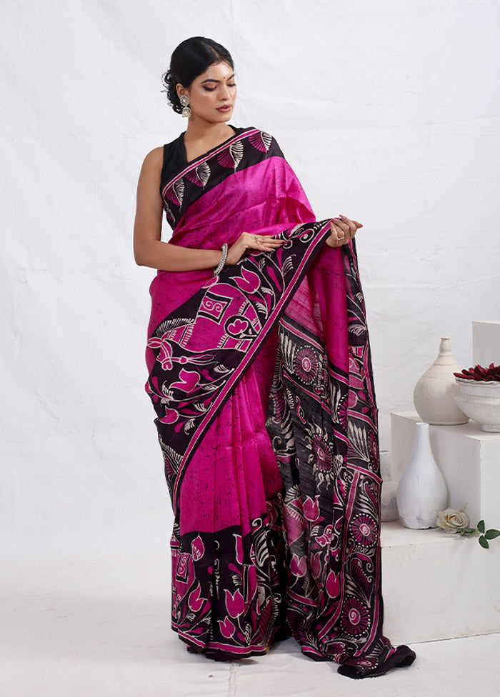 Pink Printed Pure Silk Saree With Blouse Piece