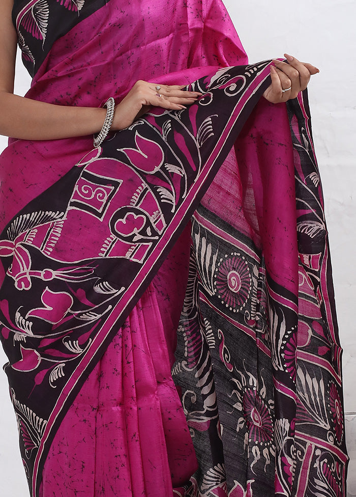 Pink Printed Pure Silk Saree With Blouse Piece