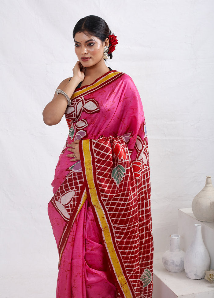 Pink Printed Pure Silk Saree With Blouse Piece
