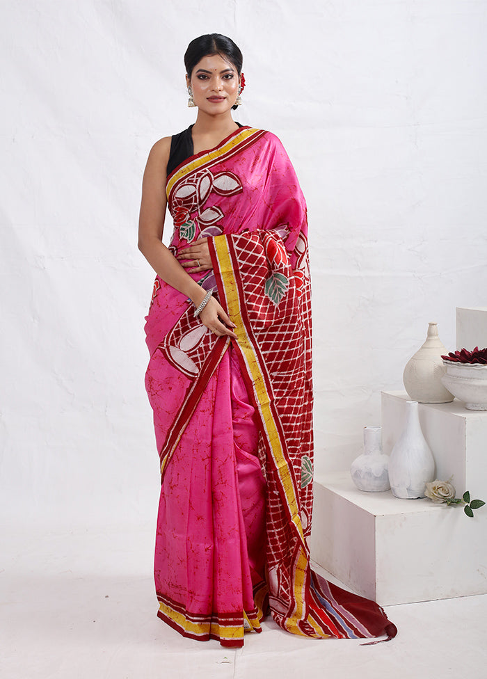 Pink Printed Pure Silk Saree With Blouse Piece