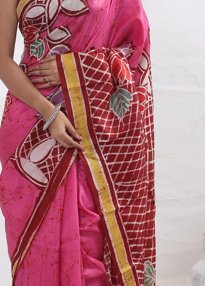 Pink Printed Pure Silk Saree With Blouse Piece