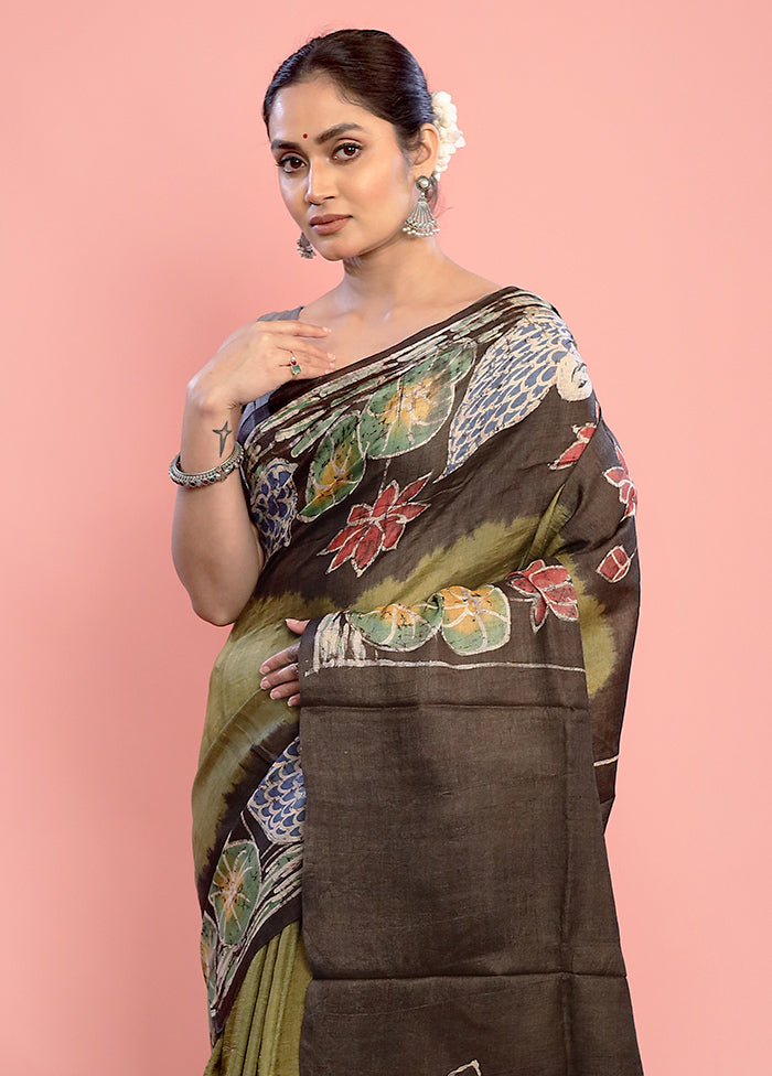 Black Tussar Pure Silk Saree With Blouse Piece