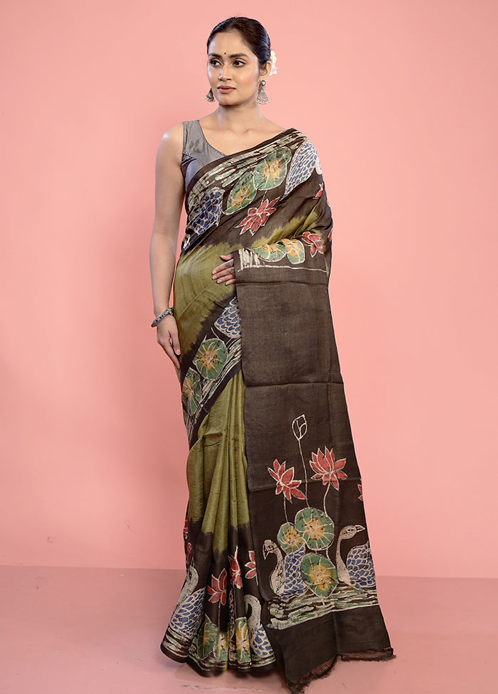 Black Tussar Pure Silk Saree With Blouse Piece