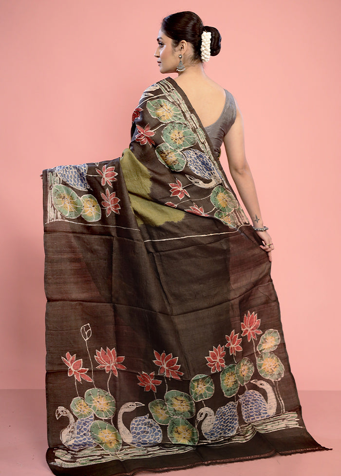 Black Tussar Pure Silk Saree With Blouse Piece