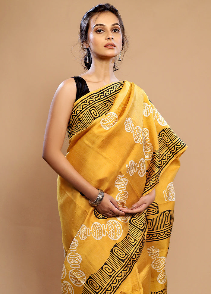 Black and Yellow Block Printed Pure Silk Saree – Hanging Threads