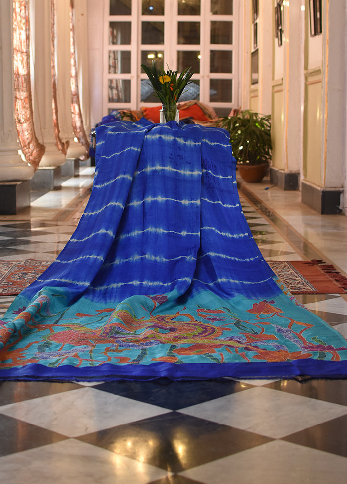 Blue Leaf-themed Bengal Kantha Stitch Saree | Authn